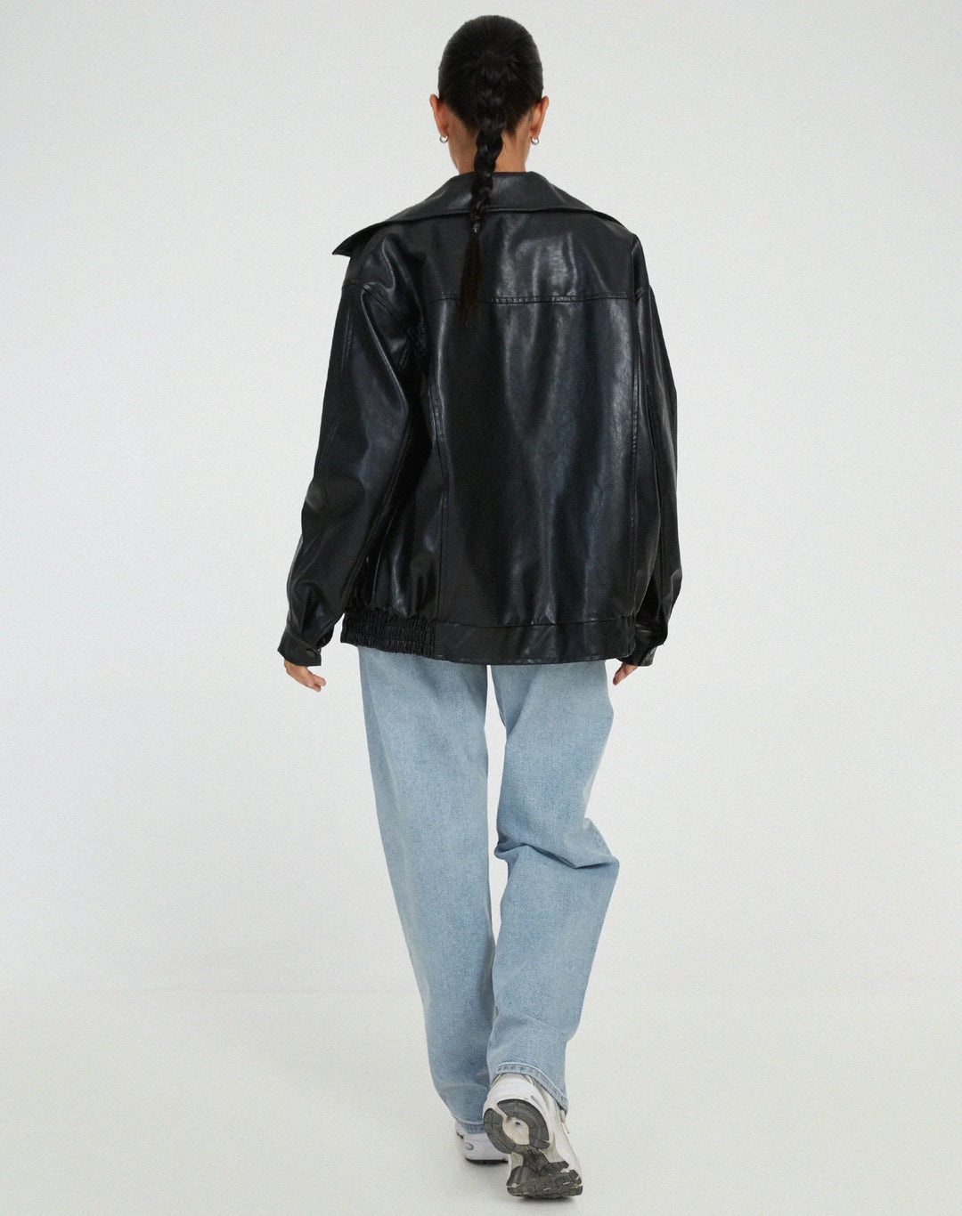 Women's Oversized Faux Leather Jacket, Collared – Front Zip