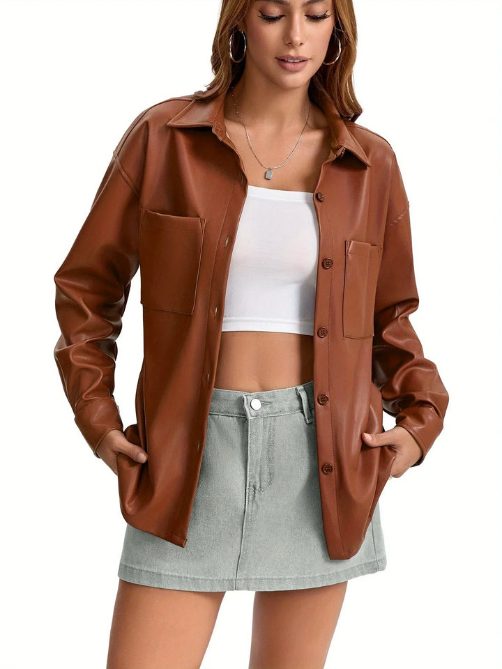 Women's Button Front Oversized Faux Leather Jacket Shacket