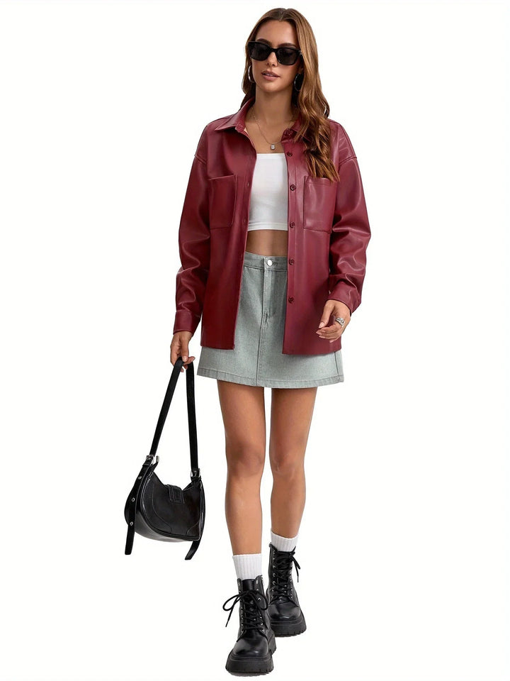Women's Button Front Oversized Faux Leather Jacket Shacket