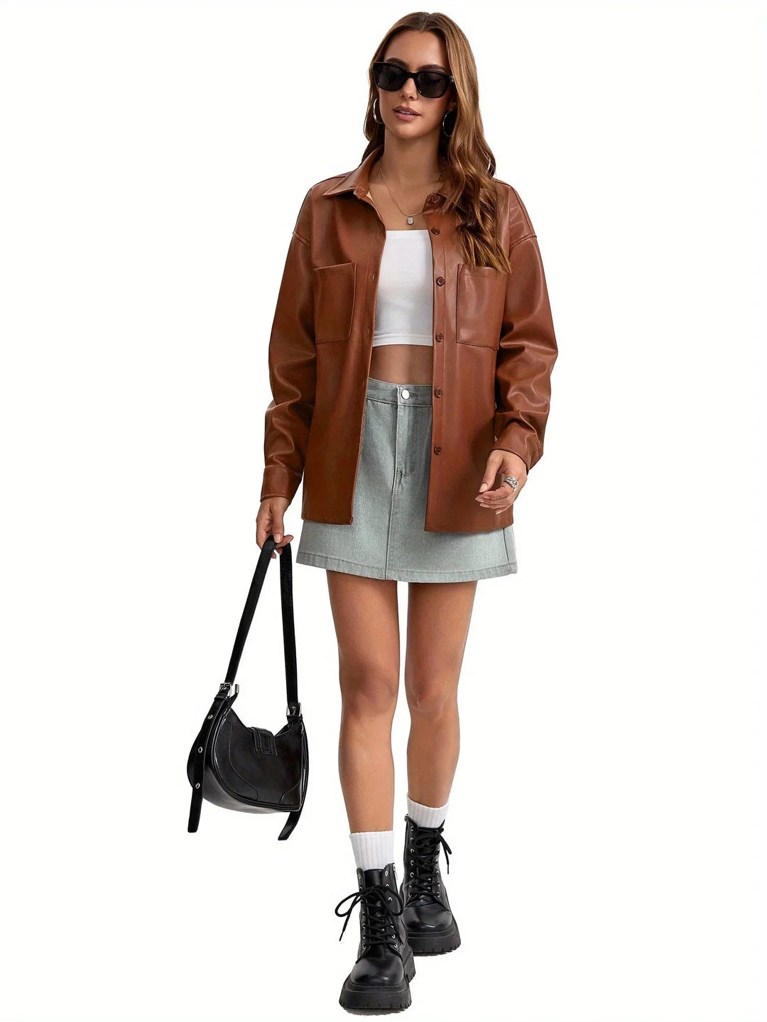 Women's Button Front Oversized Faux Leather Jacket Shacket