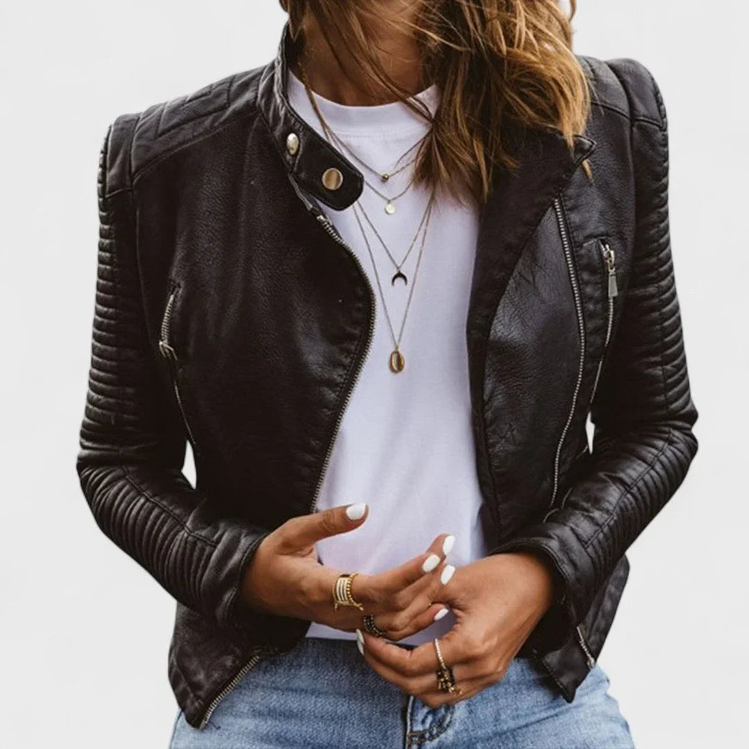 Women's Quilted Jacket, Faux Leather Cropped Moto
