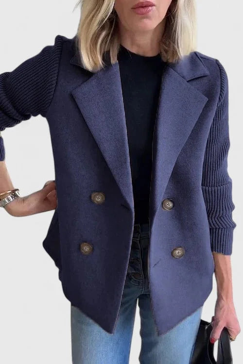 Women's Double-Breasted Notch Lapel Blazer – Ribbed Knit Sleeves