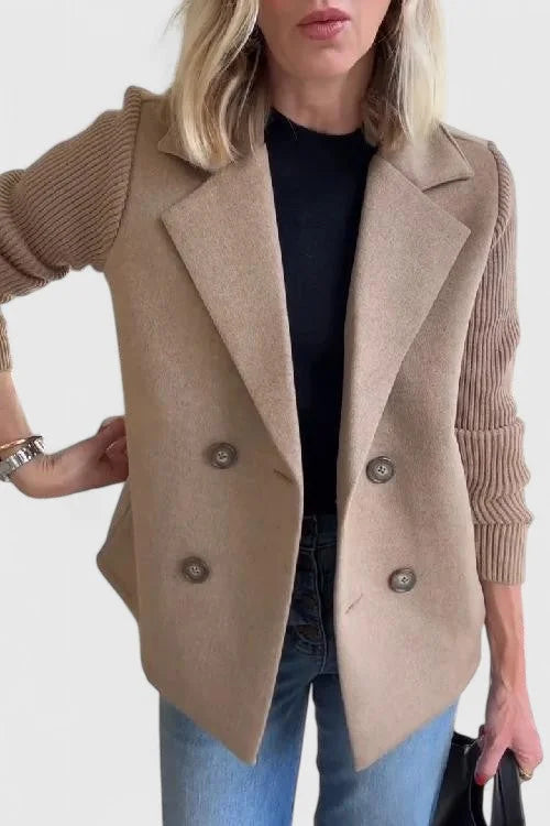 Women's Double-Breasted Notch Lapel Blazer – Ribbed Knit Sleeves