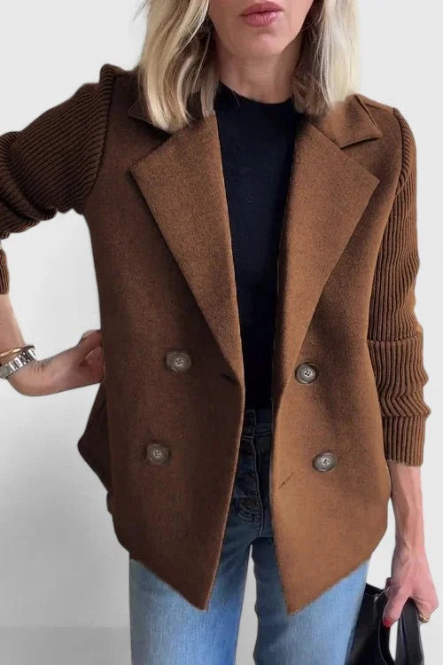Women's Double-Breasted Notch Lapel Blazer – Ribbed Knit Sleeves