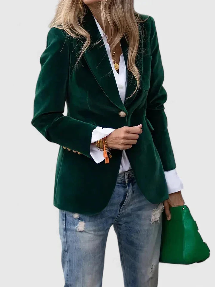 Women's Velvet Button-Front Notch Lapel Blazer – Decorative Cuff