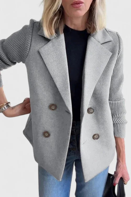 Women's Double-Breasted Notch Lapel Blazer – Ribbed Knit Sleeves