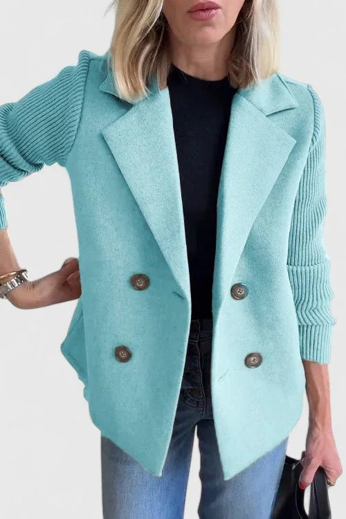 Women's Double-Breasted Notch Lapel Blazer – Ribbed Knit Sleeves
