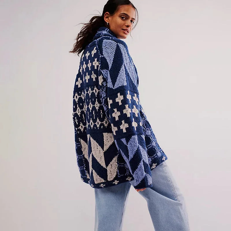 Women's Knit Open-Front Shawl Collar Cardigan – Patchwork Geometric