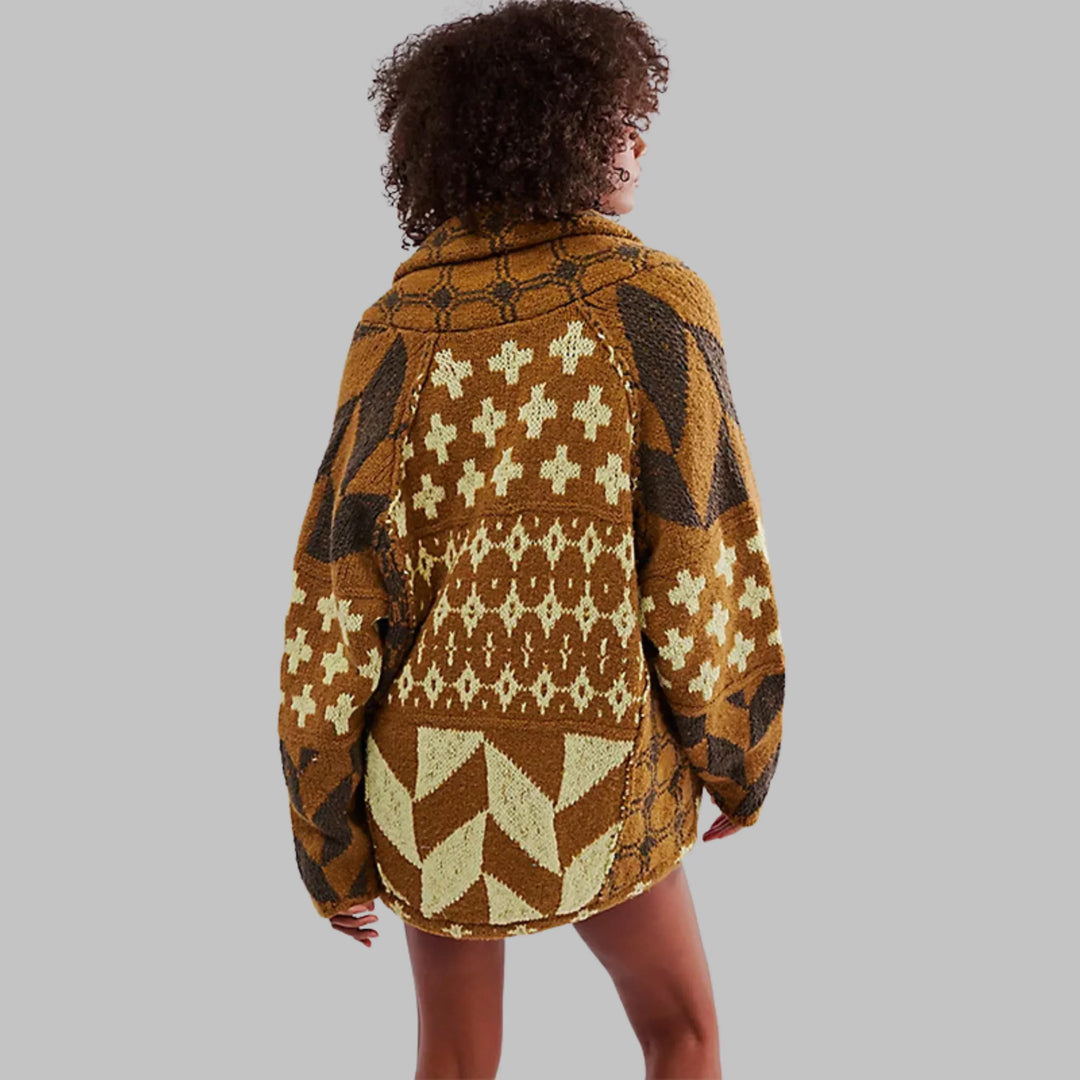 Women's Knit Open-Front Shawl Collar Cardigan – Patchwork Geometric
