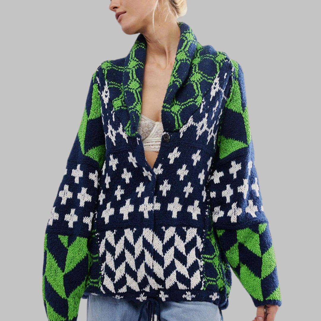 Women's Knit Open-Front Shawl Collar Cardigan – Patchwork Geometric