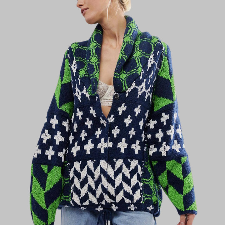 Women's Knit Open-Front Shawl Collar Cardigan – Patchwork Geometric