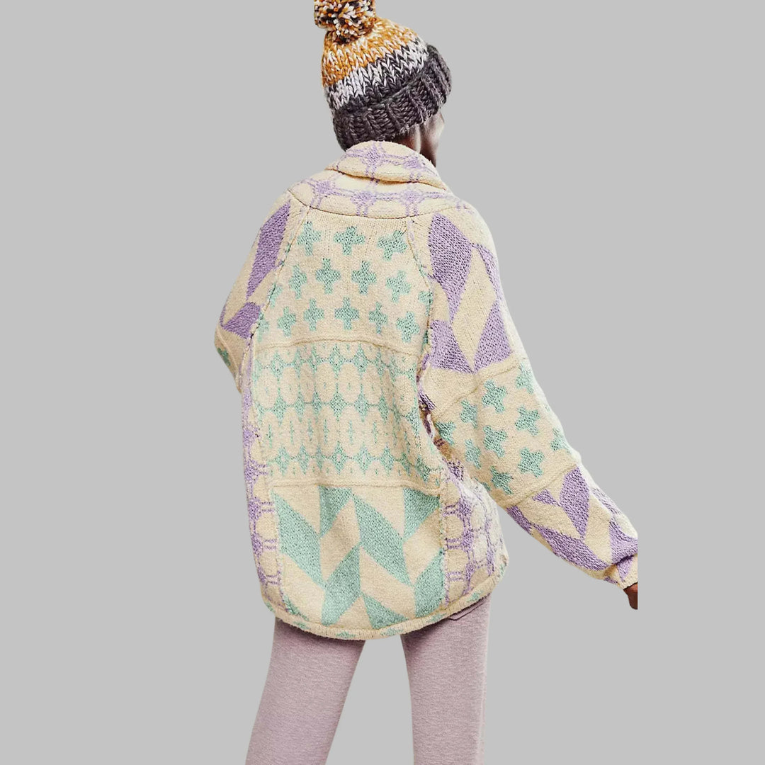 Women's Knit Open-Front Shawl Collar Cardigan – Patchwork Geometric