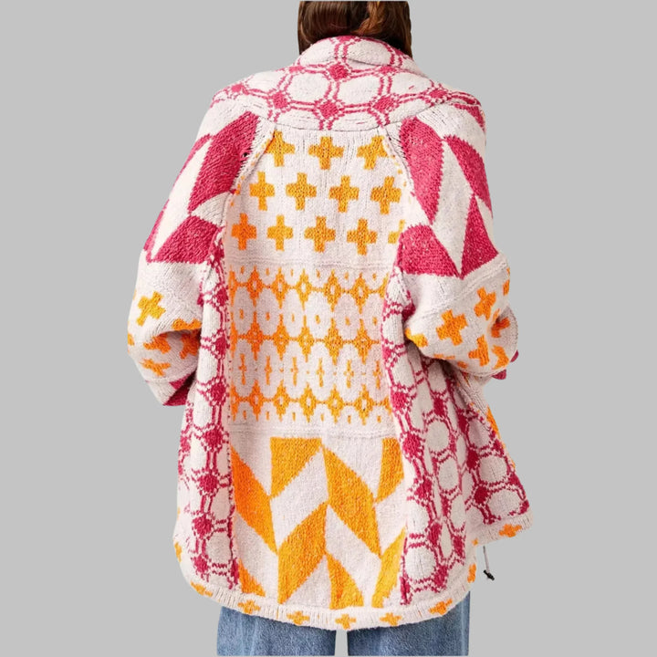 Women's Knit Open-Front Shawl Collar Cardigan – Patchwork Geometric