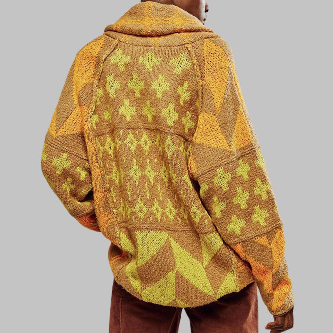Women's Knit Open-Front Shawl Collar Cardigan – Patchwork Geometric