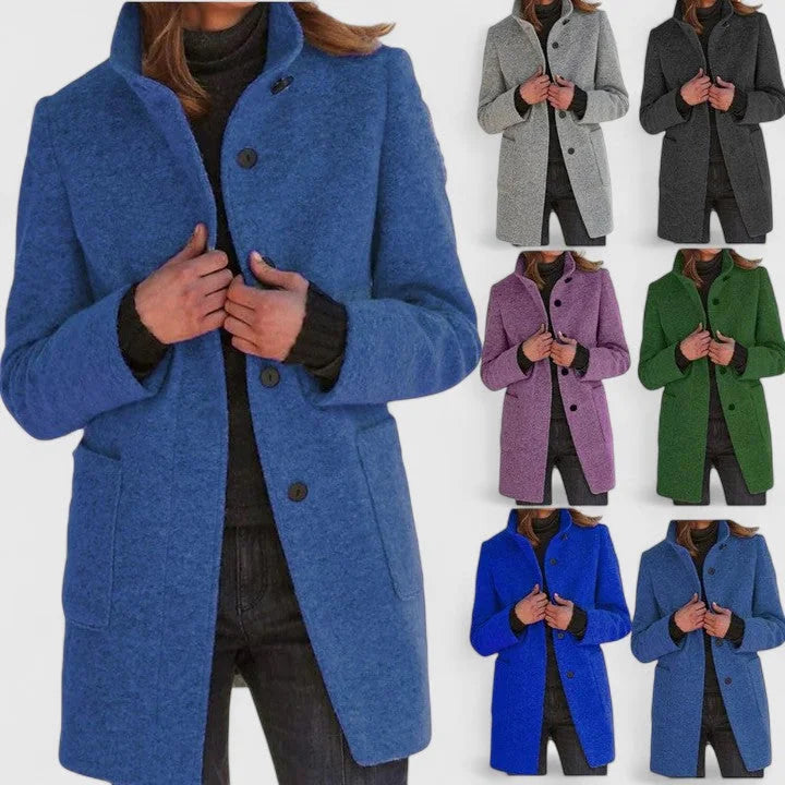 Women's Button-Front Stand Collar Wool Coat – Patch Pockets