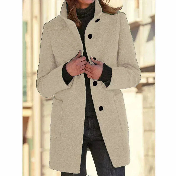 Women's Button-Front Stand Collar Wool Coat – Patch Pockets
