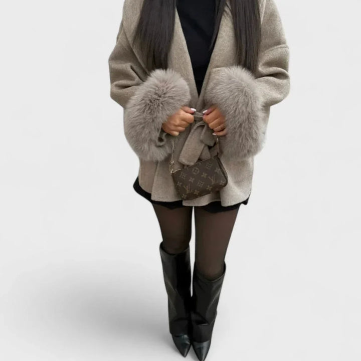 Women's Wool Wrap Shawl Collar Jacket – Faux Fur Cuffs