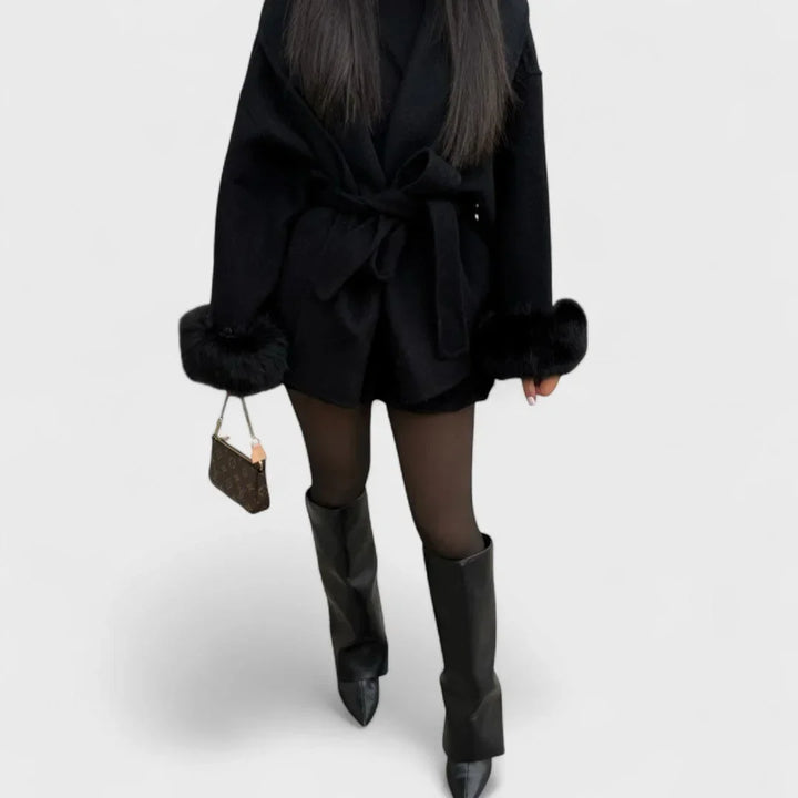 Women's Wool Wrap Shawl Collar Jacket – Faux Fur Cuffs