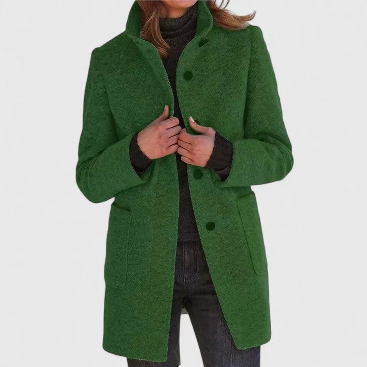 Women's Button-Front Stand Collar Wool Coat – Patch Pockets