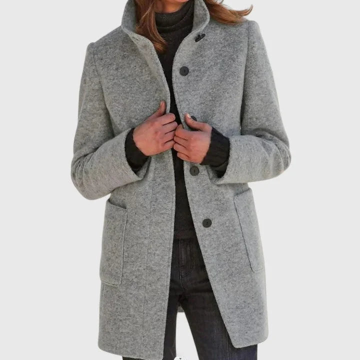 Women's Button-Front Stand Collar Wool Coat – Patch Pockets