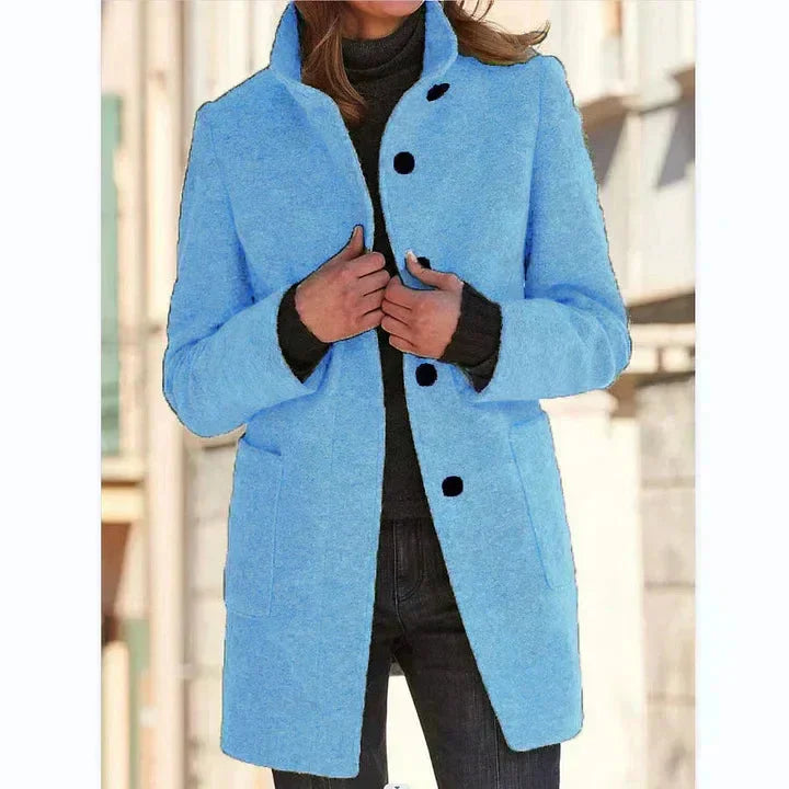 Women's Button-Front Stand Collar Wool Coat – Patch Pockets