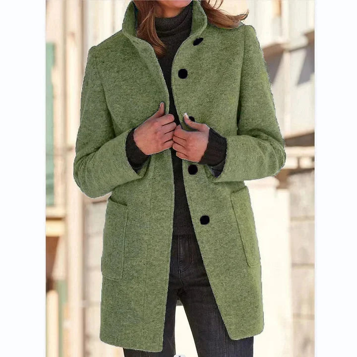 Women's Button-Front Stand Collar Wool Coat – Patch Pockets