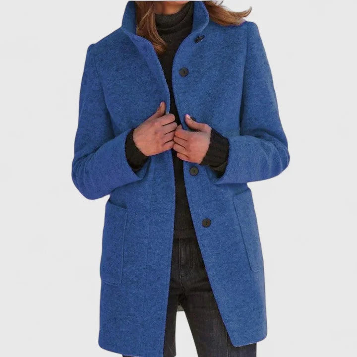 Women's Button-Front Stand Collar Wool Coat – Patch Pockets