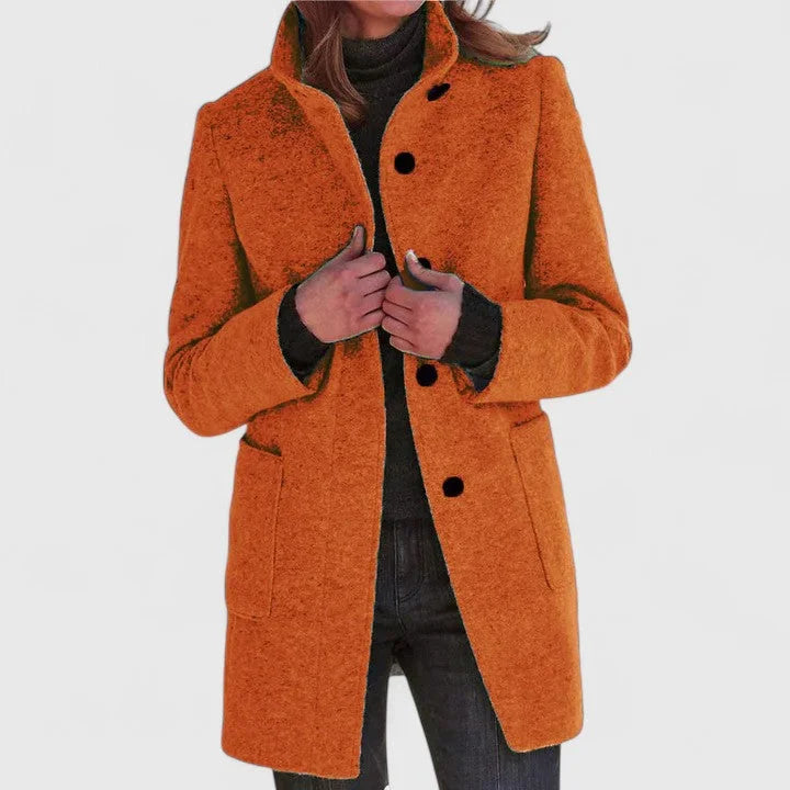 Women's Button-Front Stand Collar Wool Coat – Patch Pockets