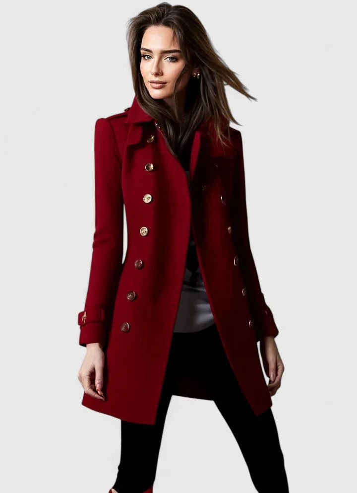 Women's Double-Breasted Notch Lapel Wool Coat – Shoulder Epaulets
