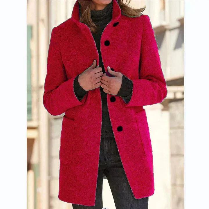 Women's Button-Front Stand Collar Wool Coat – Patch Pockets