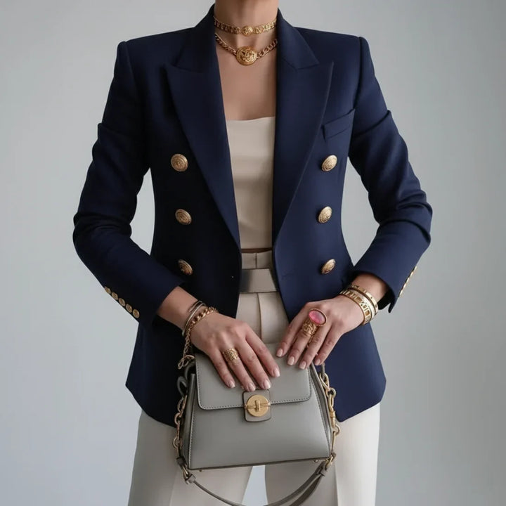 Women's Double Breasted Blazer – Long Sleeve Notch Lapel Gold Button