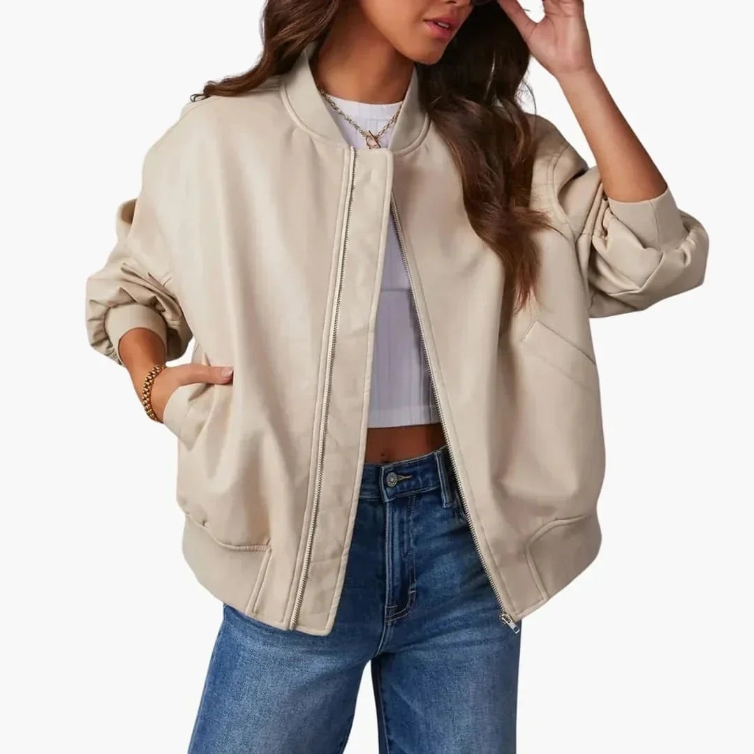 Women's Oversized Faux Leather Bomber Jacket Zip Front