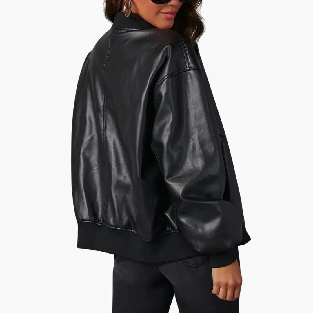 Women's Oversized Faux Leather Bomber Jacket Zip Front