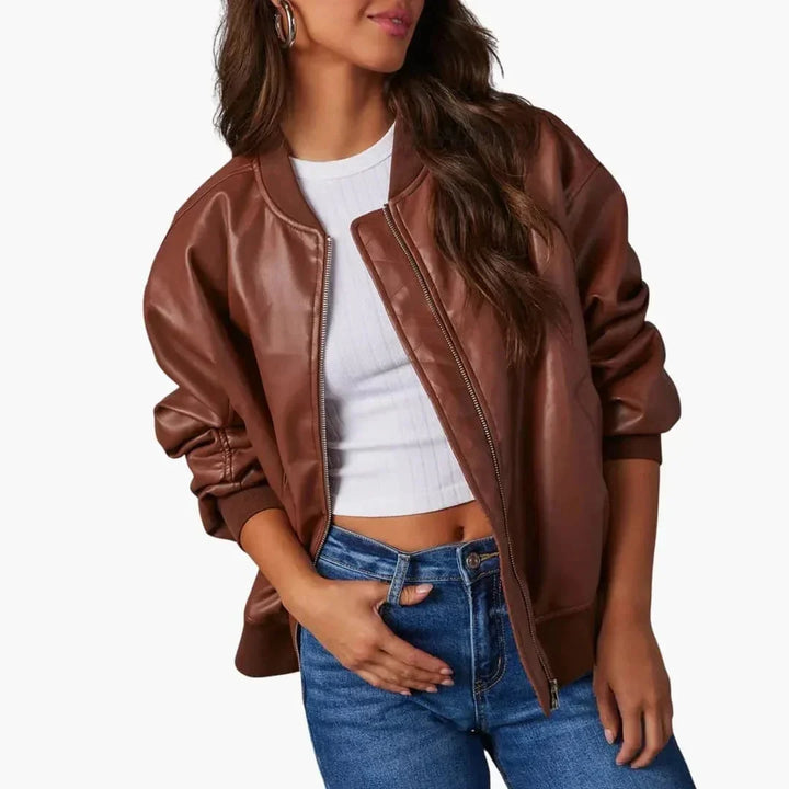 Women's Oversized Faux Leather Bomber Jacket Zip Front