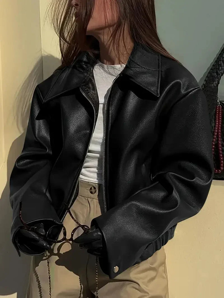 Women's Oversized Cropped Faux Leather Bomber Jacket – Zip Collar