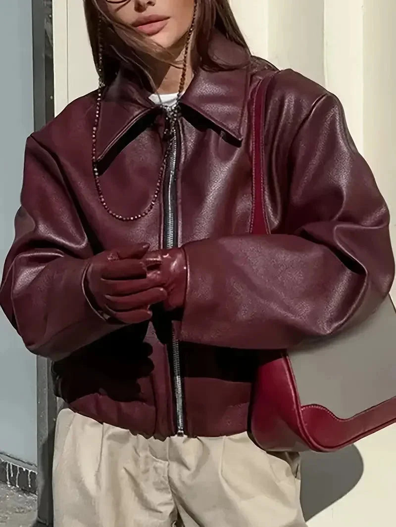 Women's Oversized Cropped Faux Leather Bomber Jacket – Zip Collar