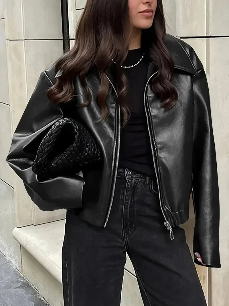 Women's Oversized Cropped Faux Leather Bomber Jacket – Zip Collar