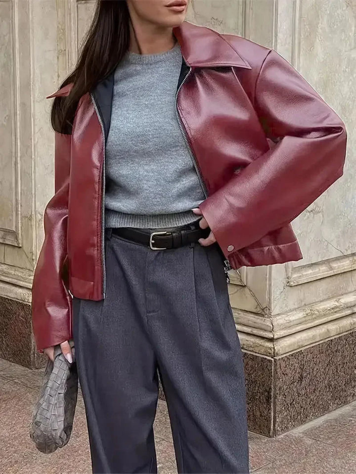 Women's Oversized Cropped Faux Leather Bomber Jacket – Zip Collar