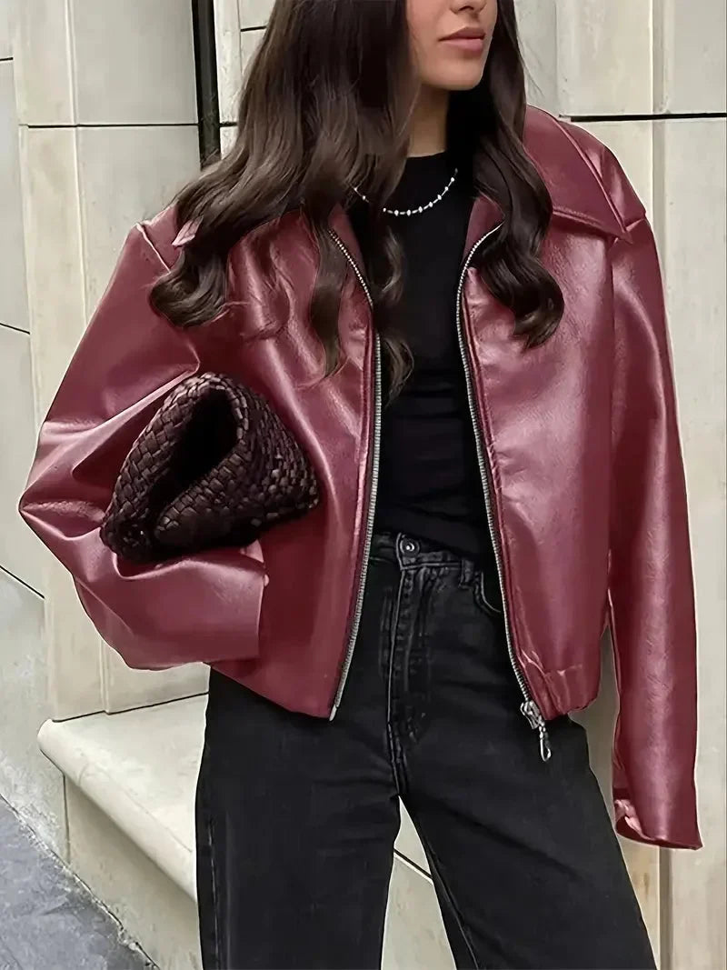 Women's Oversized Cropped Faux Leather Bomber Jacket – Zip Collar