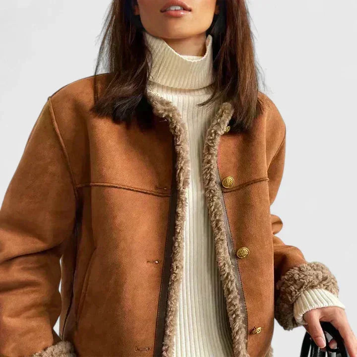 Women's Suede Button-Front Jacket – Faux Shearling Trim
