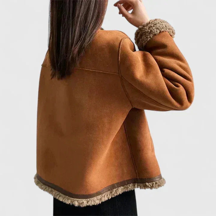 Women's Suede Button-Front Jacket – Faux Shearling Trim