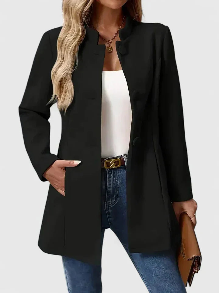 Women's Button-Front Stand Collar Wool Coat – Side Seam Pockets