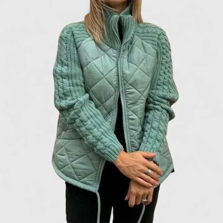 Women's Zip-Up Stand Collar Quilted Jacket – Knit Sleeves