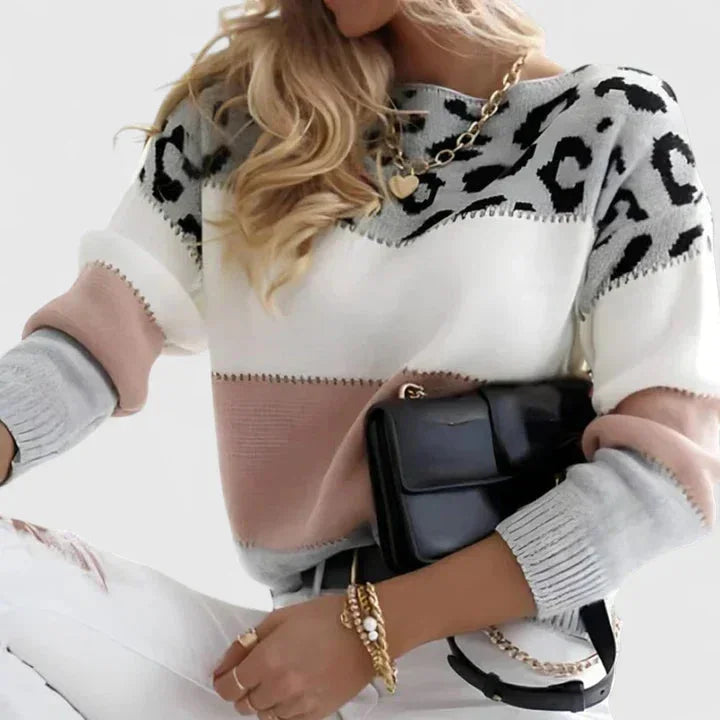 Women's Leopard Knit Crew Neck Jumper – Print Colourblock