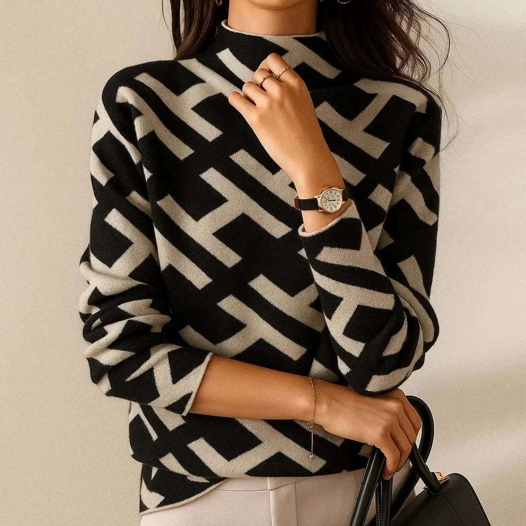 Women's Knit Stand Collar Jumper – Geometric Pattern
