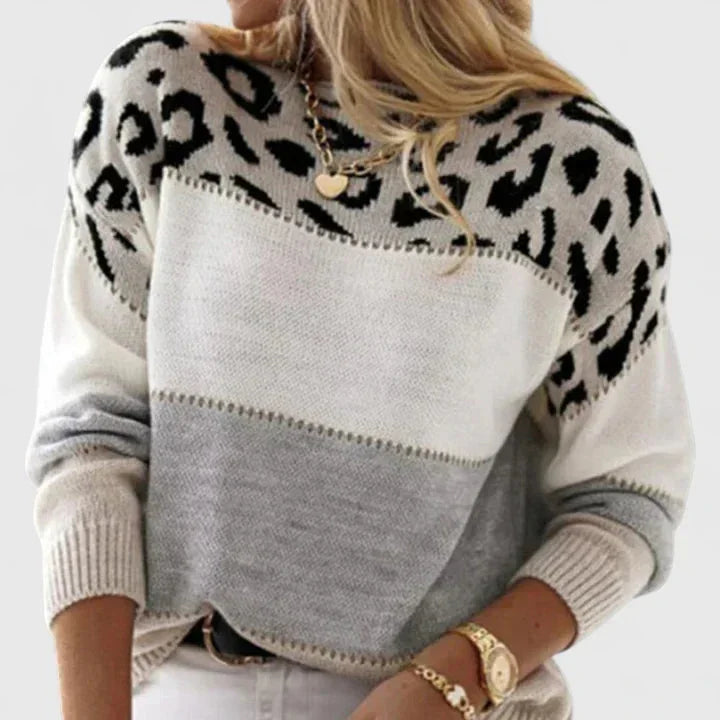 Women's Leopard Knit Crew Neck Jumper – Print Colourblock
