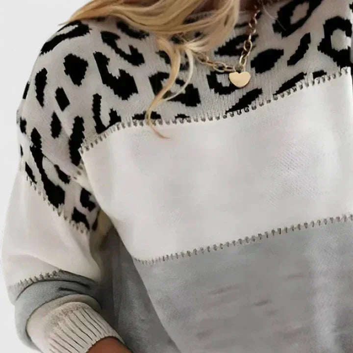 Women's Leopard Knit Crew Neck Jumper – Print Colourblock