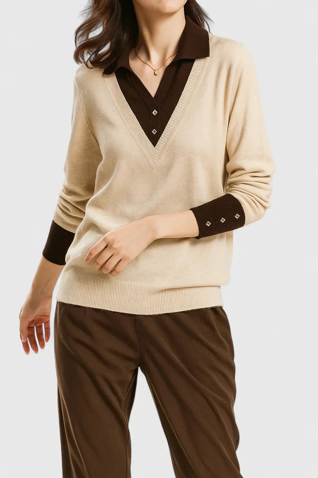 Women's Knit V-Neck Jumper – Button Detail On Cuffs