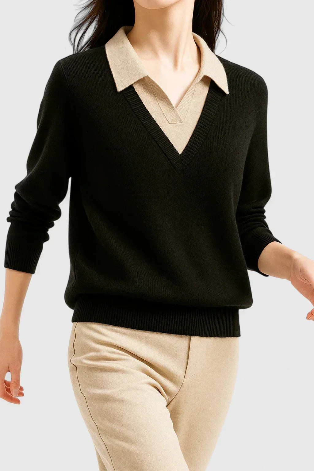 Women's Knit V-Neck Jumper – Button Detail On Cuffs