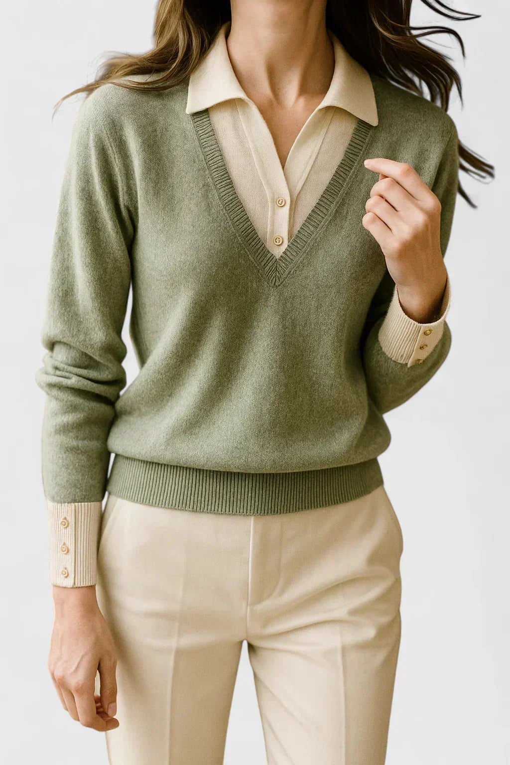 Women's Knit V-Neck Jumper – Button Detail On Cuffs